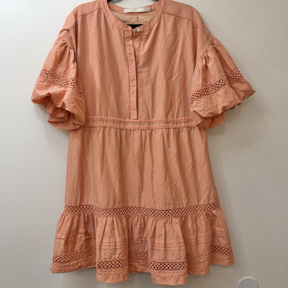 Marie Oliver Dress XL Peach Bubble Sleeves Crochet Trim Detail